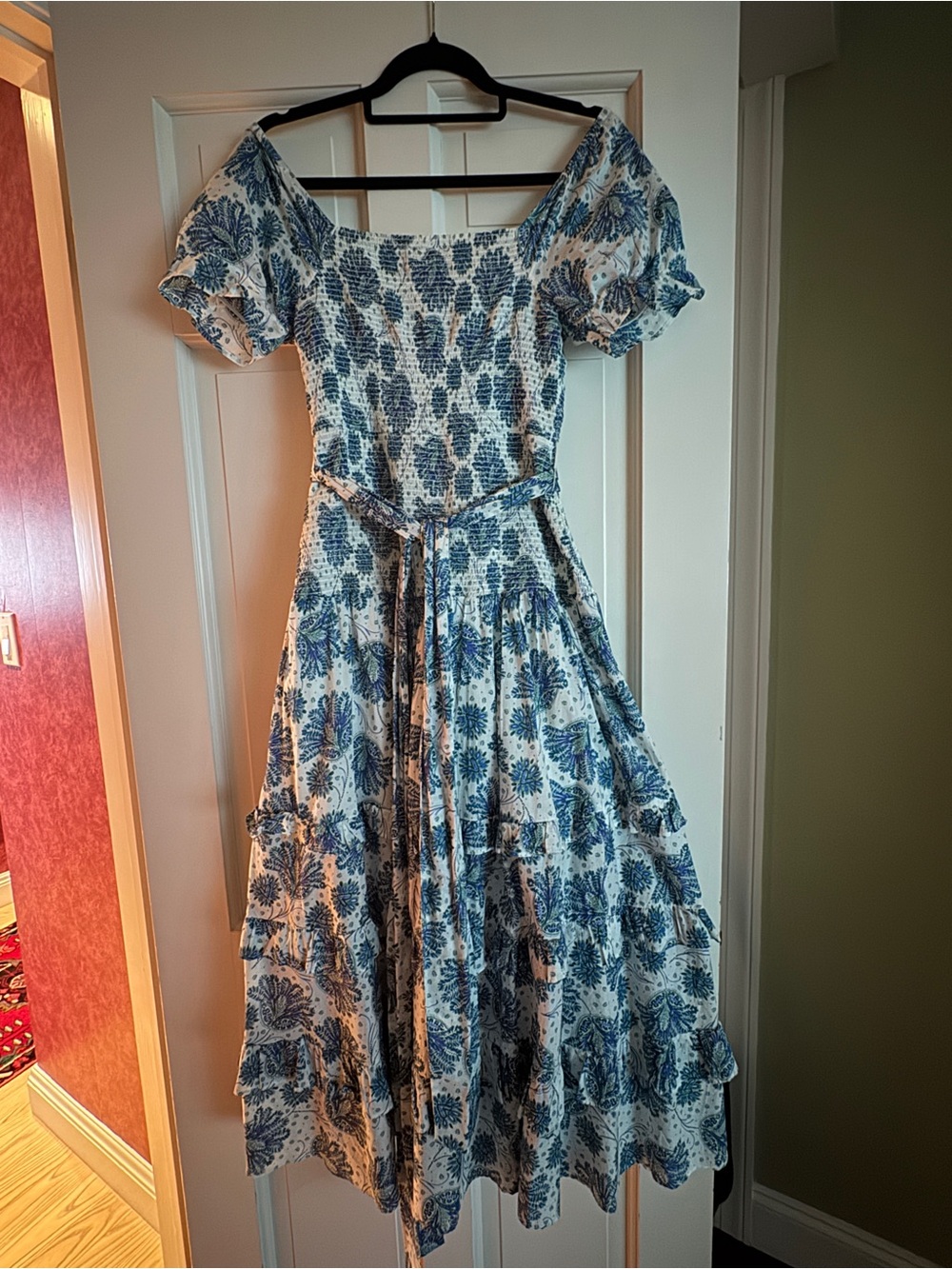 J. Crew Blue and White Floral Off-Shoulder Midi Dress